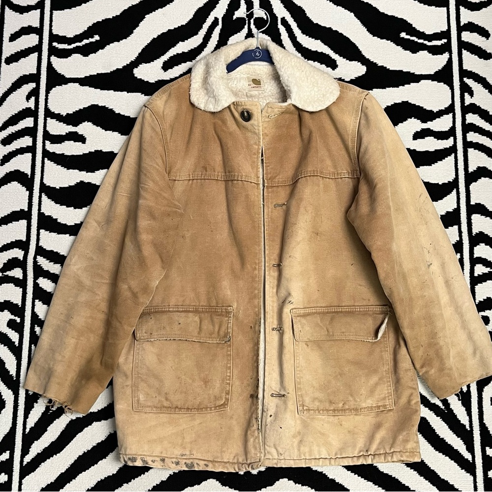 Vintage Carhartt Sherpa Shearling Jacket Union Made Faded Duck Brown Large